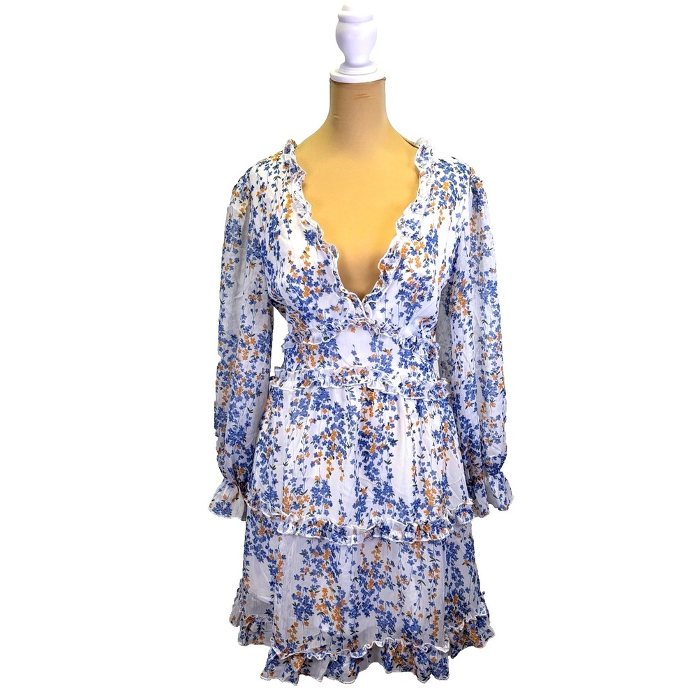 Woman's Mini Dress Size S Blue Orange Floral Deep V Neck Coquette Cottagecore‎